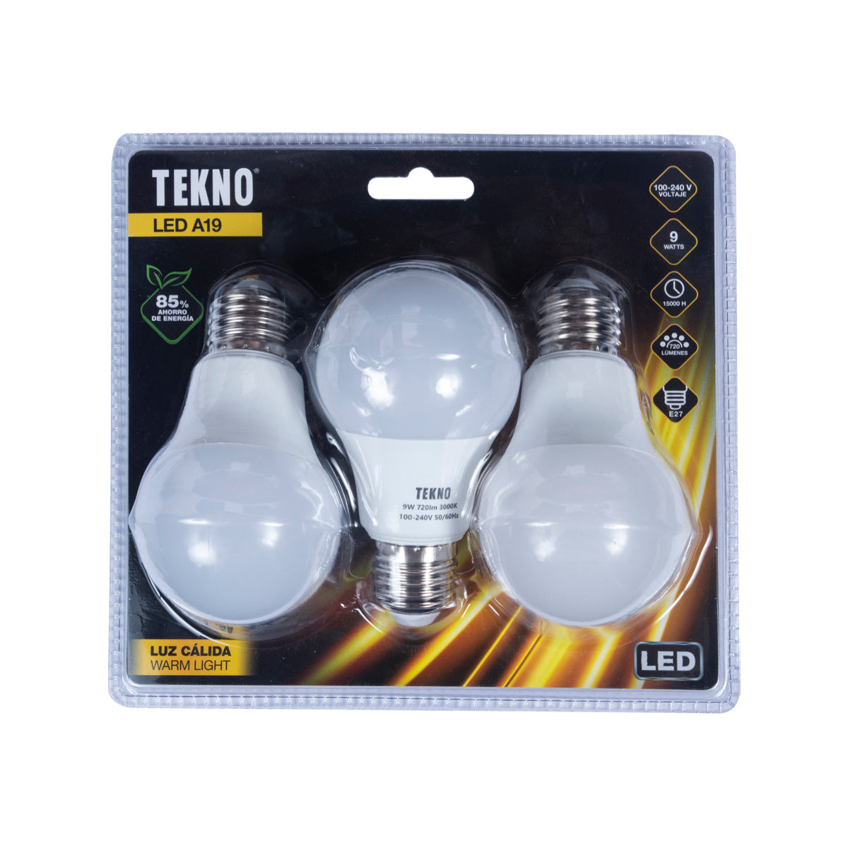 Pack of 3 Tekno Led Spotlights 9W E27 Warm Light